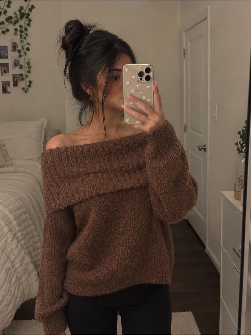 Altar'd State Off-the-Shoulder Fuzzy Knit Sweater in Brown